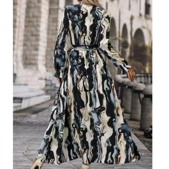 Belted Flounce Sleeve A-Line Marble Print maxi Dress - Picture 3 of 7